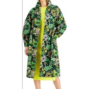 International Concepts INC Women's Floral Twill Trench Coat Green Yellow Large